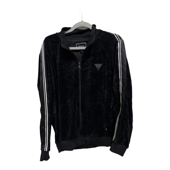 Guess Men's Black Velour Track Jacket Trainer Size Large Zip Up - Picture 1 of 5